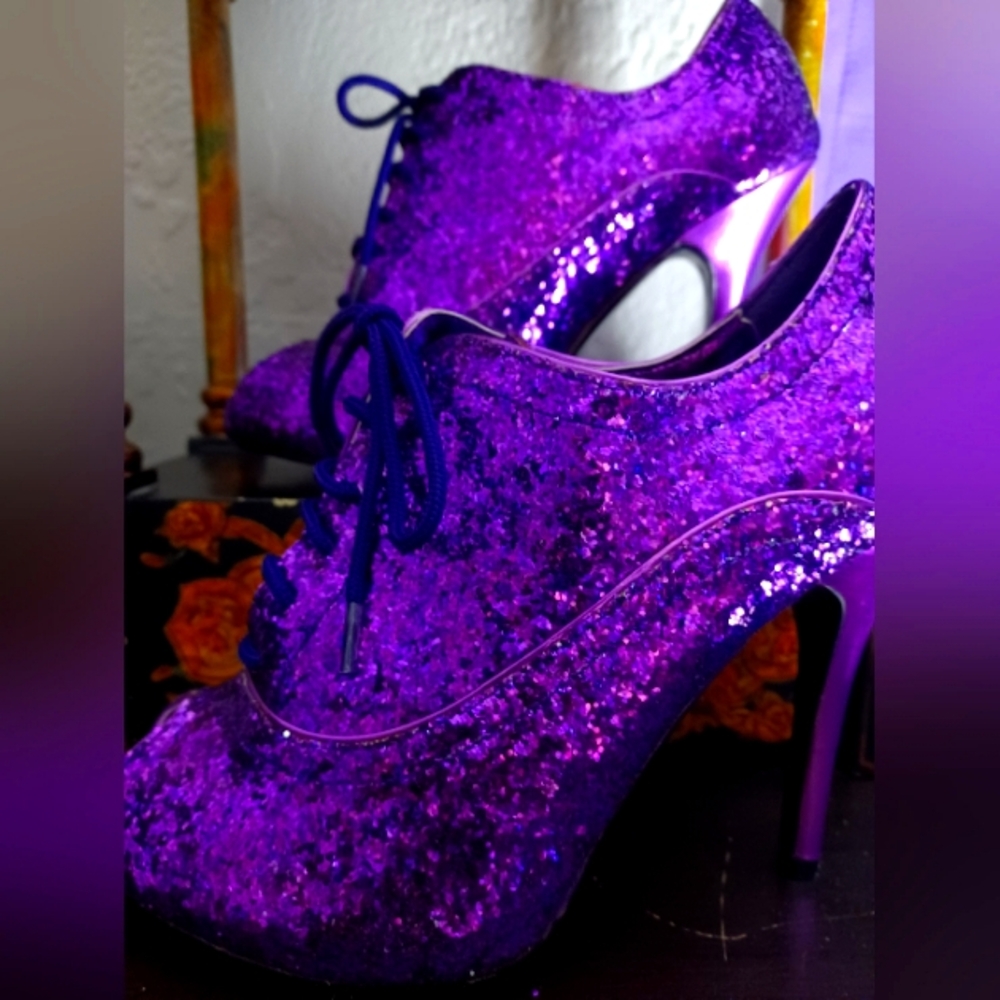 Bordello Purple Glitter Peep Toe Heels Size 8